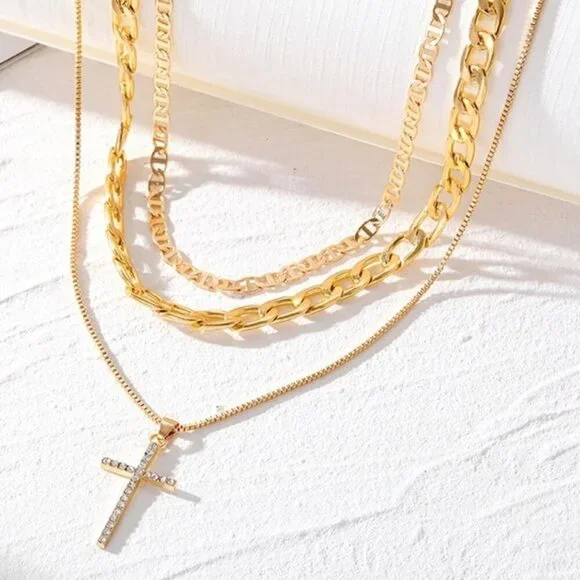 Layered Cross Pendant Necklace Set – 3 Chains Statement Style - Picture 4 of 4